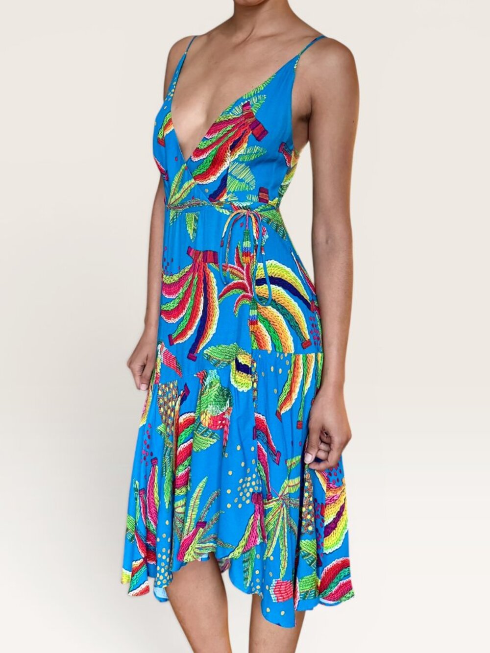 Farm Rio Banana Toucan Tropical Wrap Midi Dress XS Turquoise Fruit Print